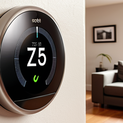 Home 4 **
A modern home interior featuring a smart thermostat. Show the thermostat adjusting the temperature automatically, perhaps with a graph or display indicating energy savings. Emphasize a cozy, comfortable environment.
**