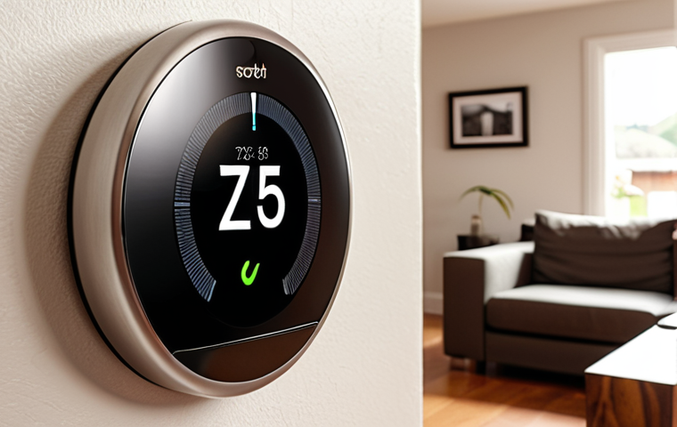 **

A modern home interior featuring a smart thermostat. Show the thermostat adjusting the temperature automatically, perhaps with a graph or display indicating energy savings. Emphasize a cozy, comfortable environment.

**